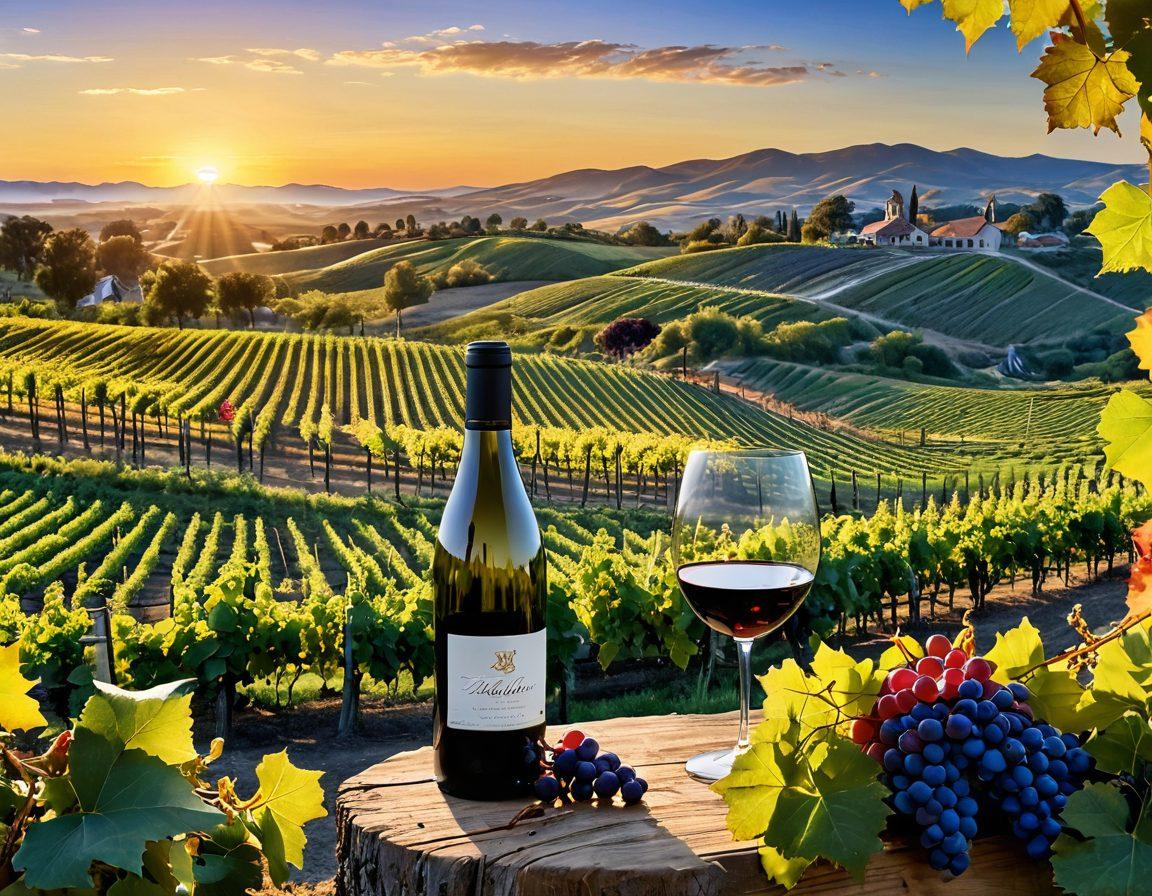 A picturesque vineyard at sunrise, showcasing a diverse array of grape vines alongside wildflowers and beneficial insects, symbolizing biodiversity. In the foreground, a glass of fine wine reflects the vineyard's beauty. The background features rolling hills and a clear blue sky, creating a serene atmosphere. Artistic details highlight the interplay of nature and winemaking. super-realistic. vibrant colors. natural lighting.