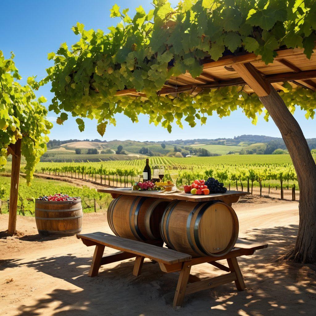 A picturesque vineyard under a clear blue sky, showcasing lush green grapevines with clusters of grapes, a wooden picnic table adorned with organic wines and fresh fruits, recycled wine barrels in the background, and a couple enjoying their eco-friendly wine tasting experience, highlighting sustainable practices like solar panels and compost bins nearby. vibrant colors. super-realistic.